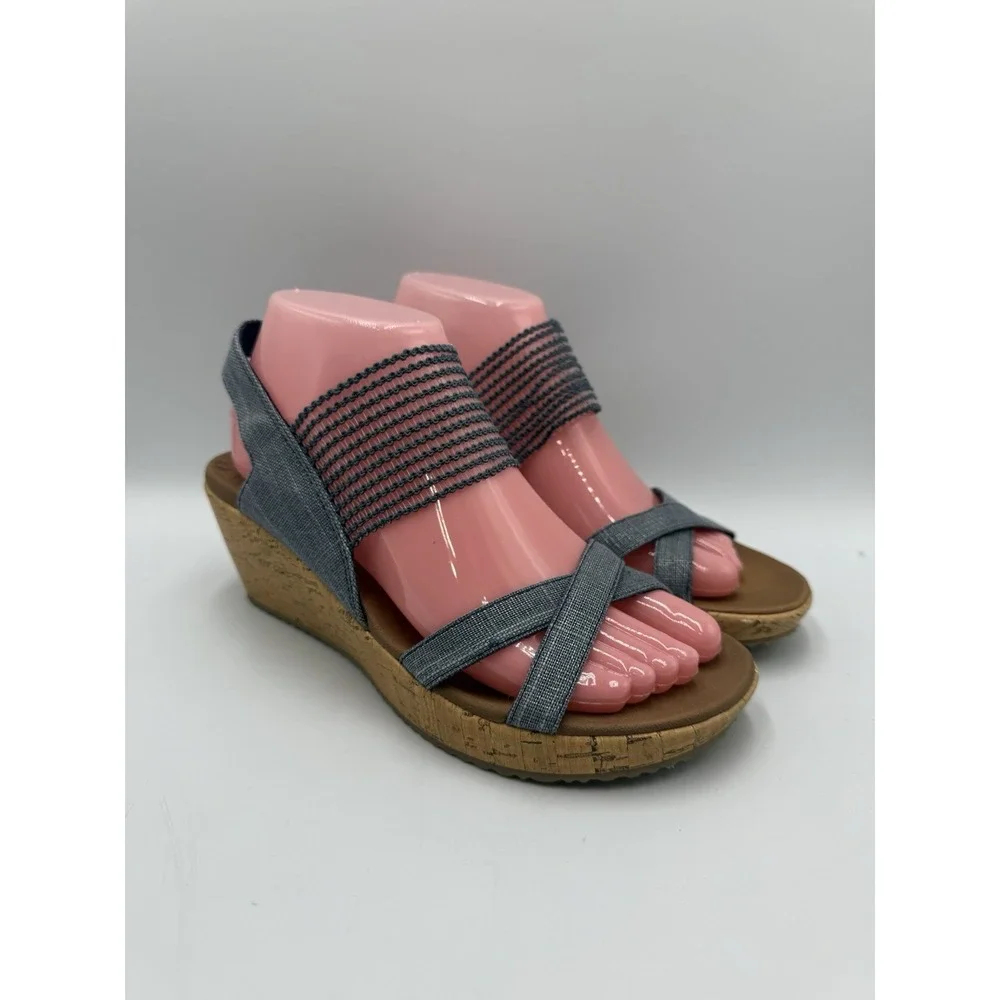 Skechers Luxe Foam Beverlee Blue Shimmer‎ Strappy Open Toe Cork Wedges Sz 7.5